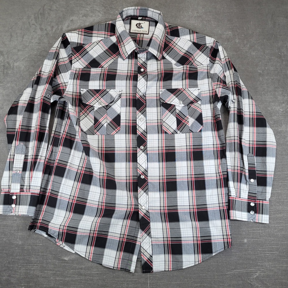 Coevals Club Western Shirt Mens L Black White Red Plaid Pearl Snap Long Sleeve